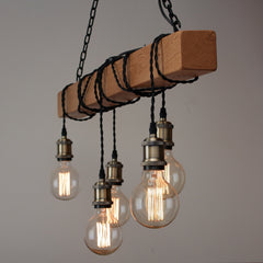 Handmade Rustic Wooden Chandelier - Wood Beam Industrial Pendant Lamp
